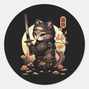 Japanisch Samurai Cat Tattoo, Kawaii Ninja Cat Runder Aufkleber
