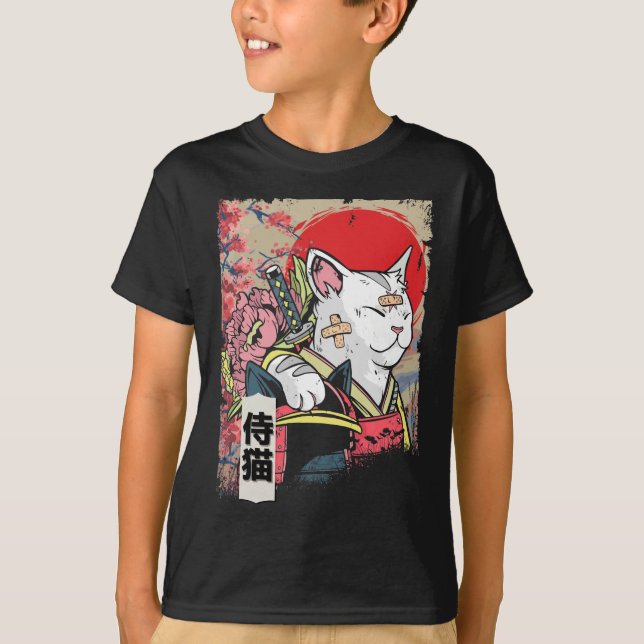 Japanisch Samurai Cat Warrior Japan Ninja Kitten T-Shirt (Vorderseite)