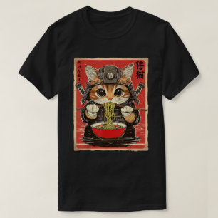 Japanisch Samurai Ninja Cat Eating Ramen Noodles T-Shirt