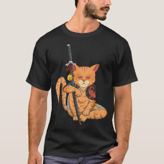 Japanisch Samurai Ninja Cat Kawaii Tattoo Graphic  T-Shirt