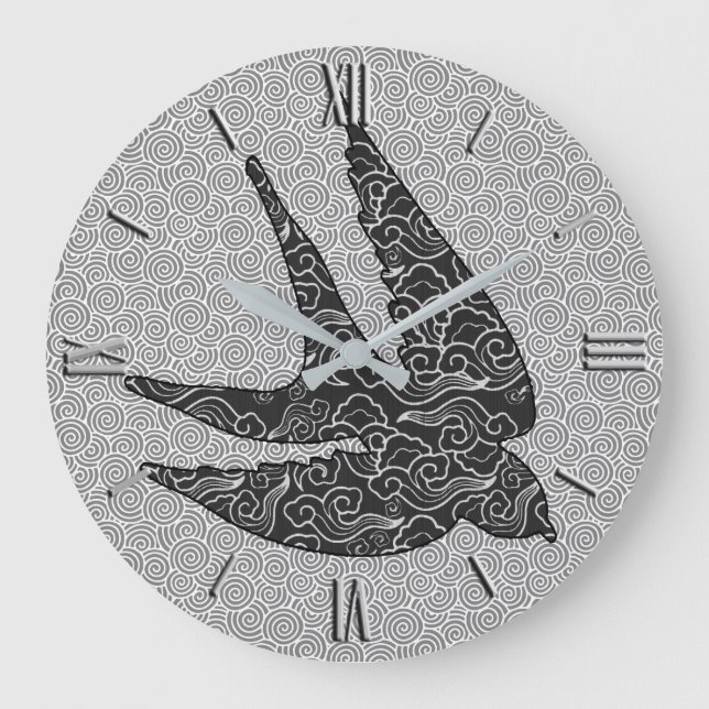 Japanisch schlucken im Flug, Kohle & leicht grau Große Wanduhr (Vorderseite)