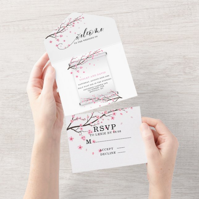 Japanisch Scroll Cherry Blossom Hochzeit All In One Einladung (Abreißen)