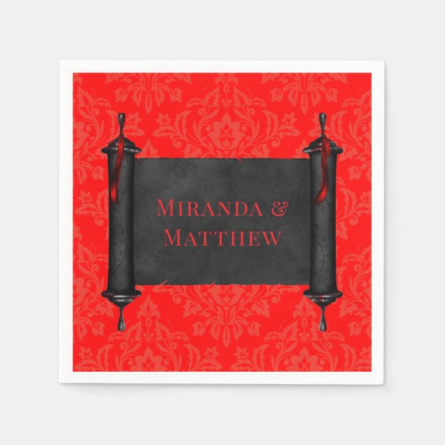 Japanisch Scroll Red Black Damask Hochzeit Serviette (Vorderseite)