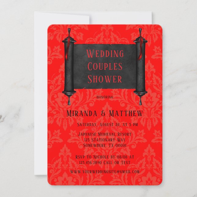 Japanisch Scroll Red Black Damask Hochzeitscouples Einladung (Vorderseite)