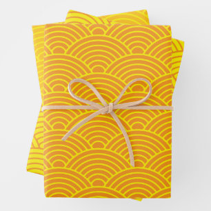 Japanisch Seigaiha Wave Orange und Gelb Geschenkpapier Set