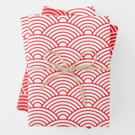 Japanisch Seigaiha Wave | Rot und Weiß Geschenkpapier Set