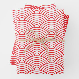 Japanisch Seigaiha Wave Rot und Weiß Geschenkpapier Set