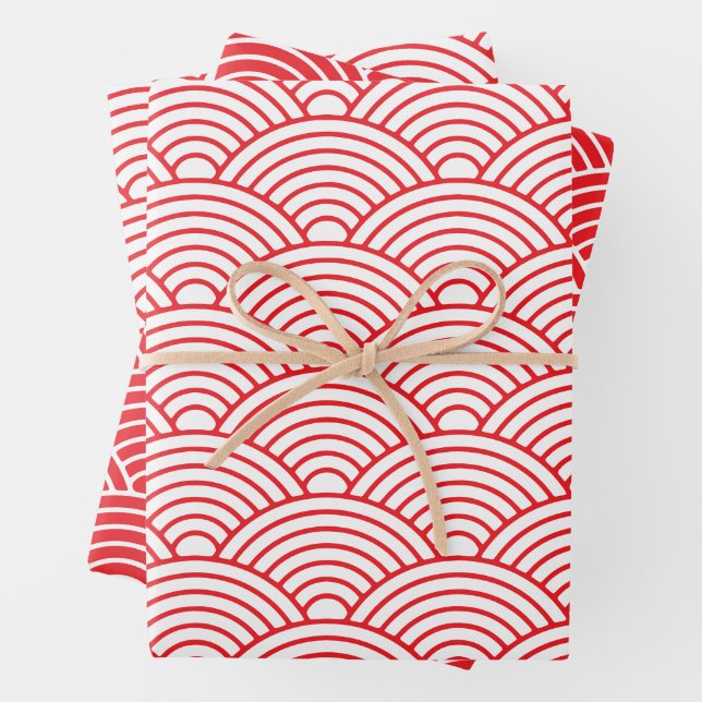 Japanisch Seigaiha Wave | Rot und Weiß Geschenkpapier Set (Beispiel)