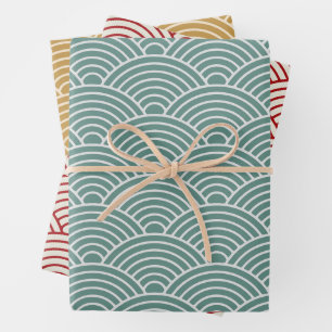 Japanisch Seigaiha Wave Sage Geen, Senf, Rot Geschenkpapier Set