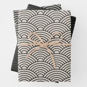 Japanisch Seigaiha Wave Schwarz und Creme weiß Geschenkpapier Set