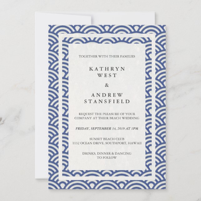 Japanisch Seigaiha Waves Elegant Beach Wedding Einladung (Vorderseite)