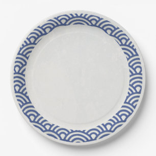 Japanisch Seigaiha Waves Elegant Dark Blue + White Pappteller