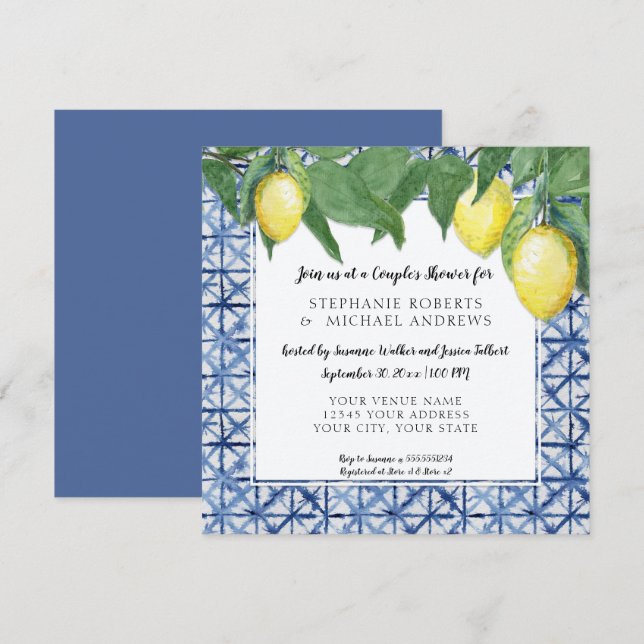 Japanisch Shibori Blue n White Lemon Paare Dusche Einladung (Vorne/Hinten)