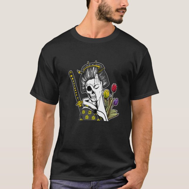 Japanisch Skeleton Samurai Geisha T-Shirt (Vorderseite)
