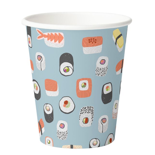 Japanisch Sushi Pattern Blau Pappbecher (Fun Japanese sushi food art pattern blue paper cups)