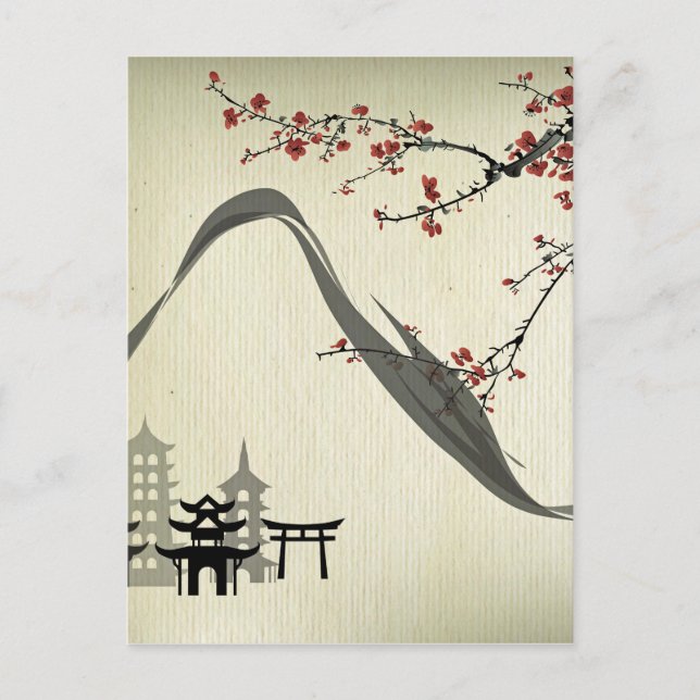 Japanisch,Vintag,Kirschblüte,Wasserfarbe,Kunst, Postkarte (Vorderseite)
