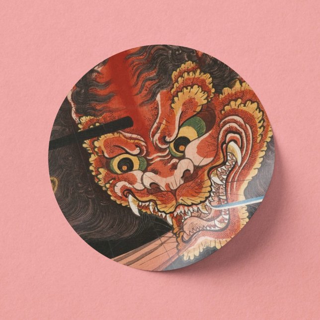 Japanisch Yokai Oni King Shutendoji Fine Art Runder Aufkleber (Vintage Yokai Shutendoji- Paper View)