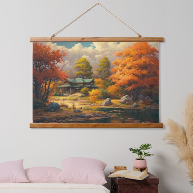 Japanische Altstadt am See Wandteppich Mit Holzrahmen (Schlafzimmer)
