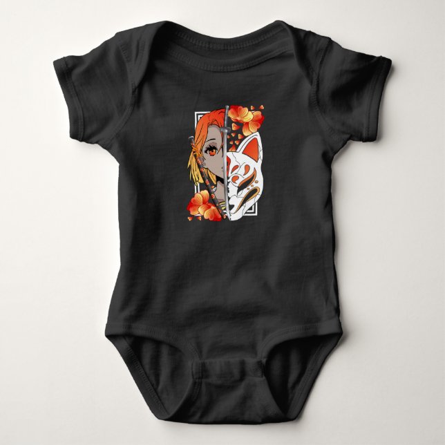 Japanische Anime Girl Mask Samurai Schwert-Blume Baby Strampler (Vorderseite)