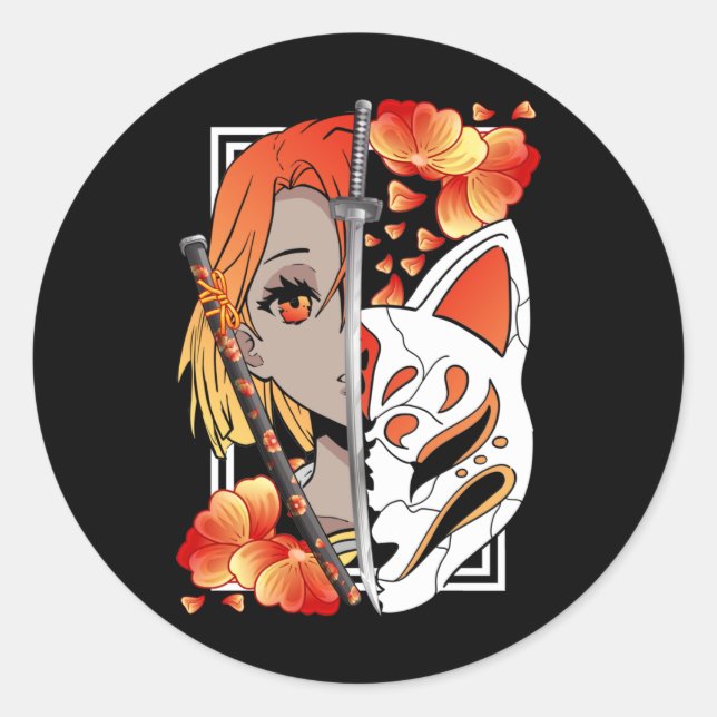 Japanische Anime Girl Mask Samurai Schwert-Blume Runder Aufkleber (Vorderseite)