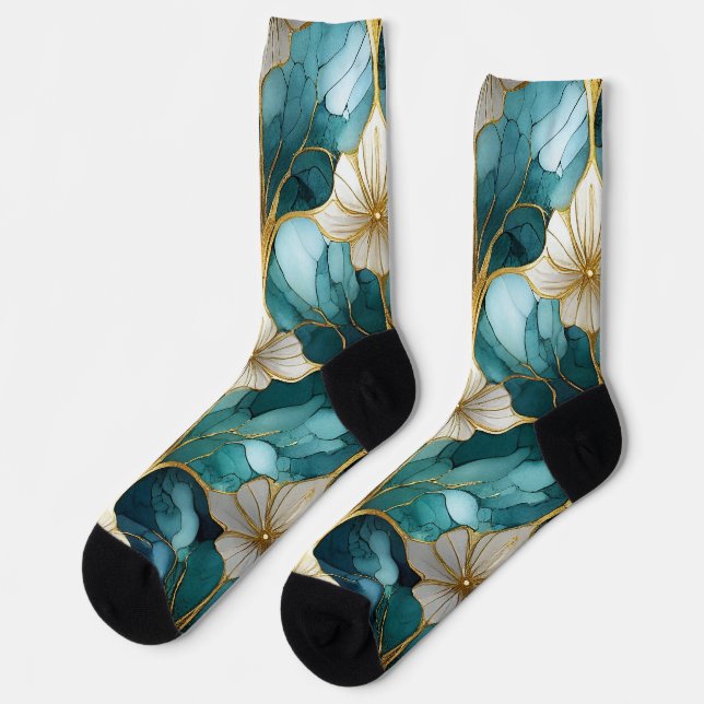 Japanische Aquamarine Blütensocken Socken (Linkes Detail)