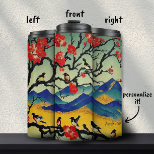 Japanische Aquarell-Naturszene Vögel Benutzername Thermosbecher