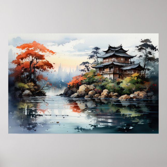 Japanische Aquarelllandschaft Herbstsee Poster (Vorne)