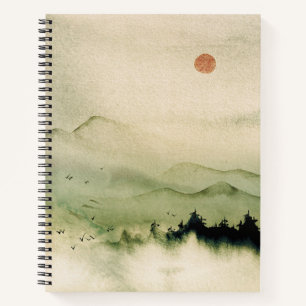 Japanische Aquarelllandschaft Rote Sonnenvögel mie Notizbuch