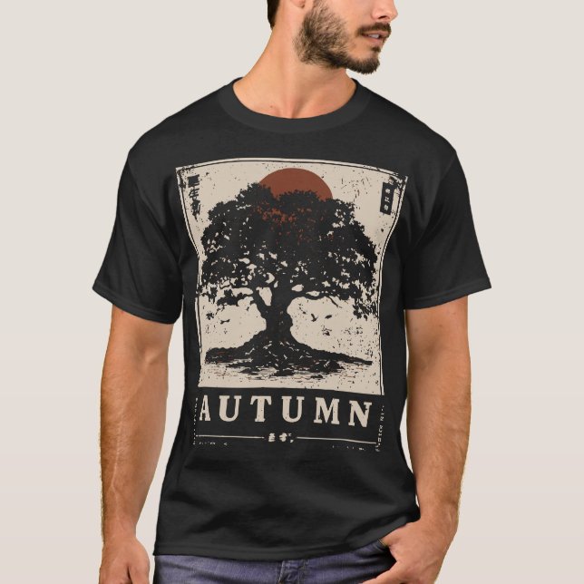 Japanische Art Herbst Oak Tree Nature Szene T-Shirt (Vorderseite)