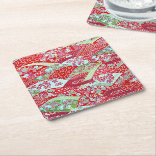 Japanische Art Red Floral Yuzen Chiyogami Unterset Rechteckiger Pappuntersetzer