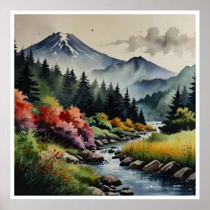 Japanische Berge Wasserfarbenwelt Kunst Poster