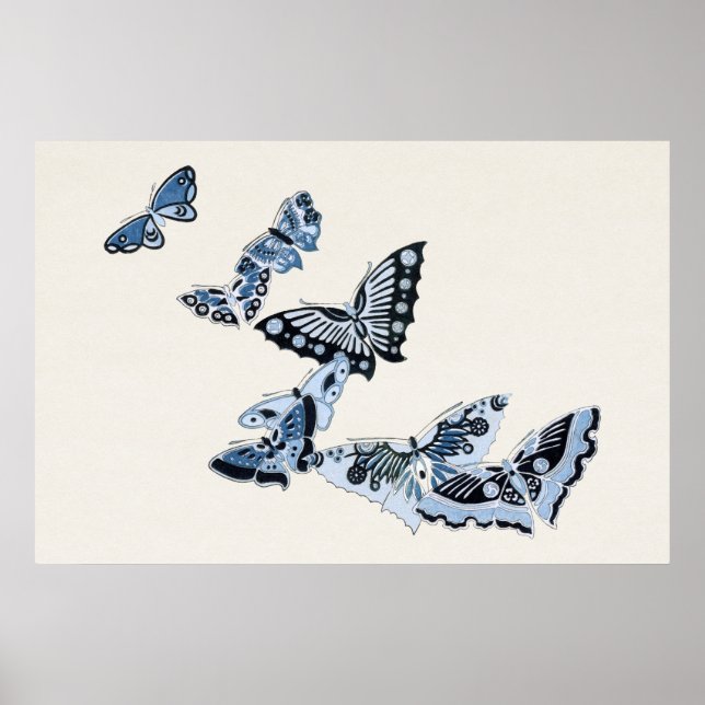 Japanische blaue Schmetterlinge Vintage Designkuns Poster (Vorne)