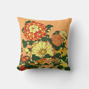 Japanische Blume Border, Mandarin Orange und Gold Kissen