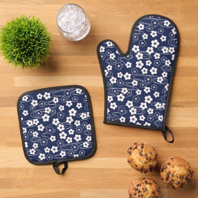 Japanische Blume Ofenhandschuh & Topflappen-Set (Oben Unten)