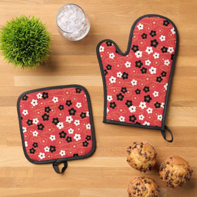 Japanische Blume Ofenhandschuh & Topflappen-Set (Oben Unten)