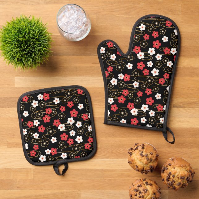 Japanische Blume Sakura Cherry Blossom Ofenhandschuh & Topflappen-Set (Oben Unten)