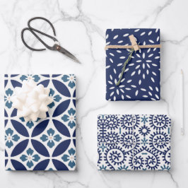 Japanische BLUME UND WIRBEL weiß und blau Geschenkpapier Set