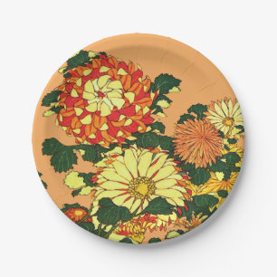 Japanische Blumen-Grenze, Mandarine und Gold Pappteller