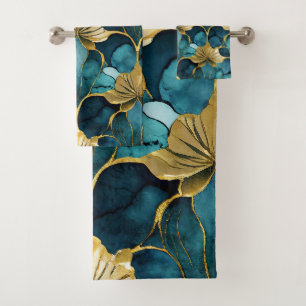 Japanische Blumen Teal Gold Badhandtuch Set