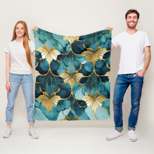 Japanische Blumen Teal Gold  Fleecedecke