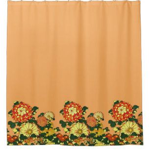 Japanische Blumenborder, Mandarinorange und Gold Duschvorhang