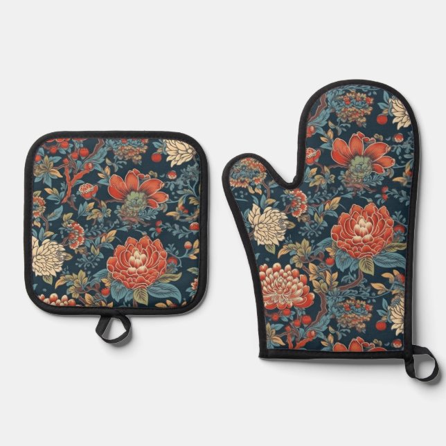Japanische Blumenserie Ofenhandschuh & Topflappen-Set (Vorderseite)