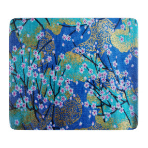 Japanische Blüten-Kirschblüten Gold Blau Schneidebrett