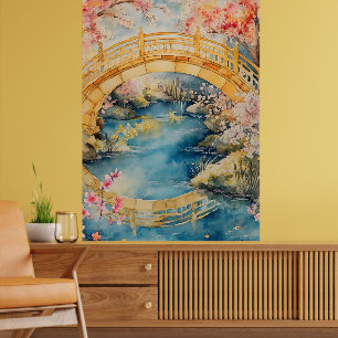 Japanische Bogenbrücke überspannt einen ruhigen Fl Poster