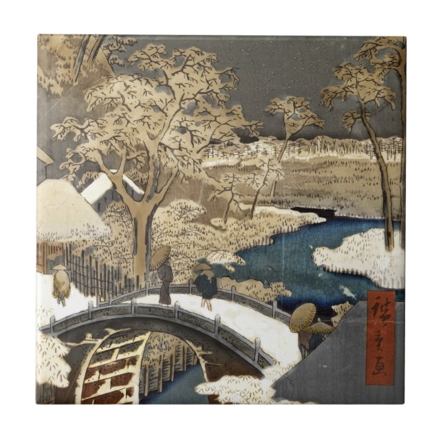 Japanische Brücke im Schnee Fliese (Vorderseite)