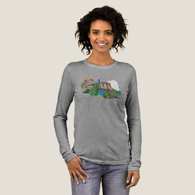 Japanische Brücke mit Peacocks Langärmeliger T - S Tri-Blend Shirt (Volle Vorderseite)