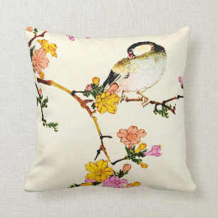 Japanische bunte Blumen u. Vogel Kissen