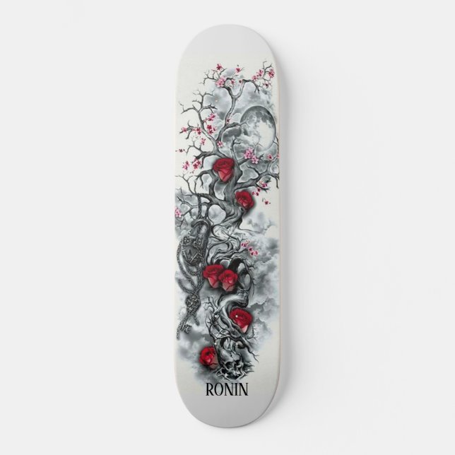 Japanische Cherry Blossom Moon Rose Skull Skateboa Skateboard (Vorderseite)