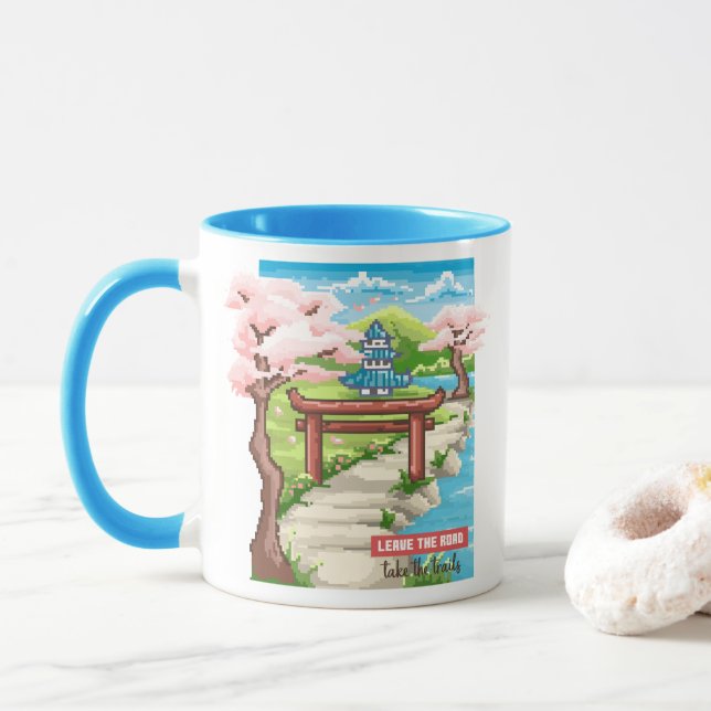 Japanische Cherry Blossom Pixel Art Tasse (Mit Donut)