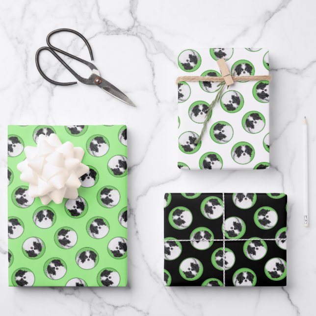 Japanische Chin Puppy-Malerei Originale Hundkunst Geschenkpapier Set (Vorderseite)